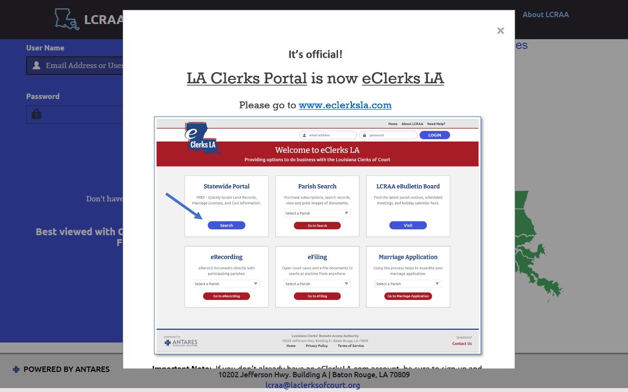 Terrebonne Parish Clerk of Court records Louisiana Clerks Remote Access Authority portal