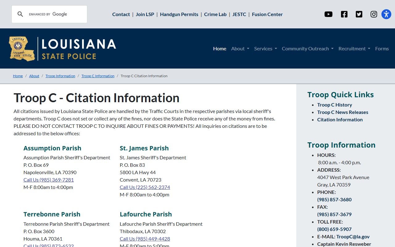 Terrebonne Parish traffic court records Louisiana State Police Troop C citation information